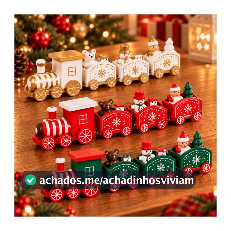 Trem de Natal Decorativo em Madeira com 3 Vagões Enfeite para Decoração Natalina