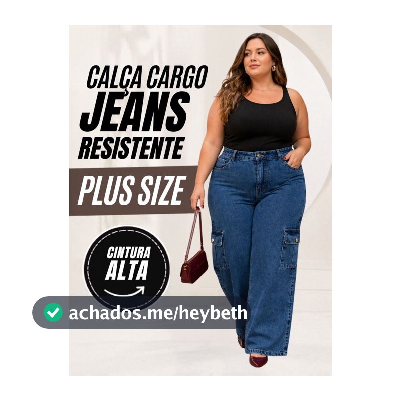 Calça Jeans Feminina Plus Size Cargo Cintura Alta Wide Leg Pantalona Bolsos Laterais Moda Casual