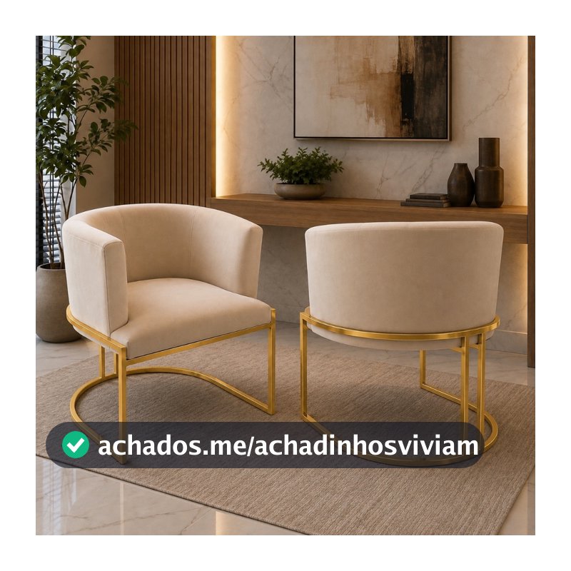 Kit 2 Poltronas De Base Cadeira Ferro Dourada  Estrutura Meia Lua Tecido Veludo Para Salão Consultório Luxousa Luxo