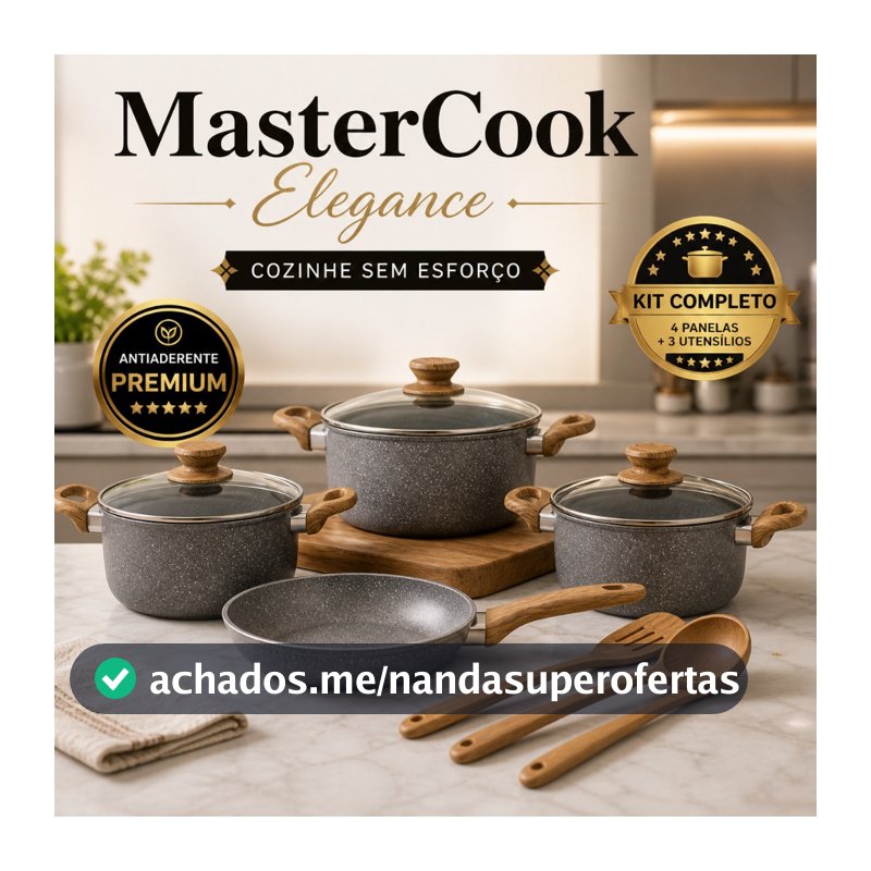 Kit Panelas Antiaderente 4 Peças + Utensílios Cozinha Completo MasterCook Elegance Set Revestimento Premium Fácil Limpez