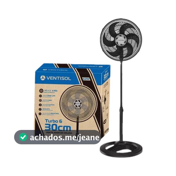 Ventilador De Coluna Preto 30cm Turbo 6 Pás Oscilante Ventisol 127V