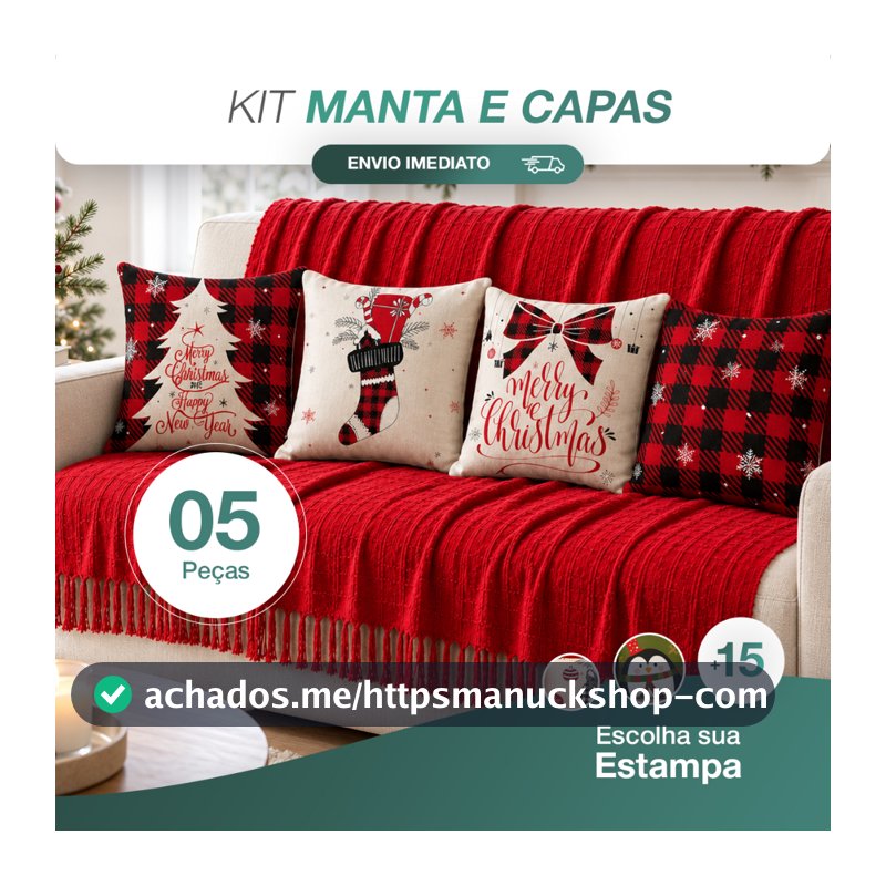 Kit Manta Decorativa P + 4 Capas de Almofadas Natalinas Estampa Digital Decoração Natal