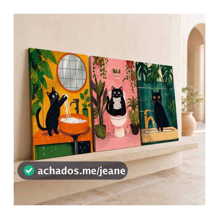 Kit de Quadros Decorativos Gato Divertido - Kit 3 Peças em Vinil MDF para Sala, Banheiro ou Escritório