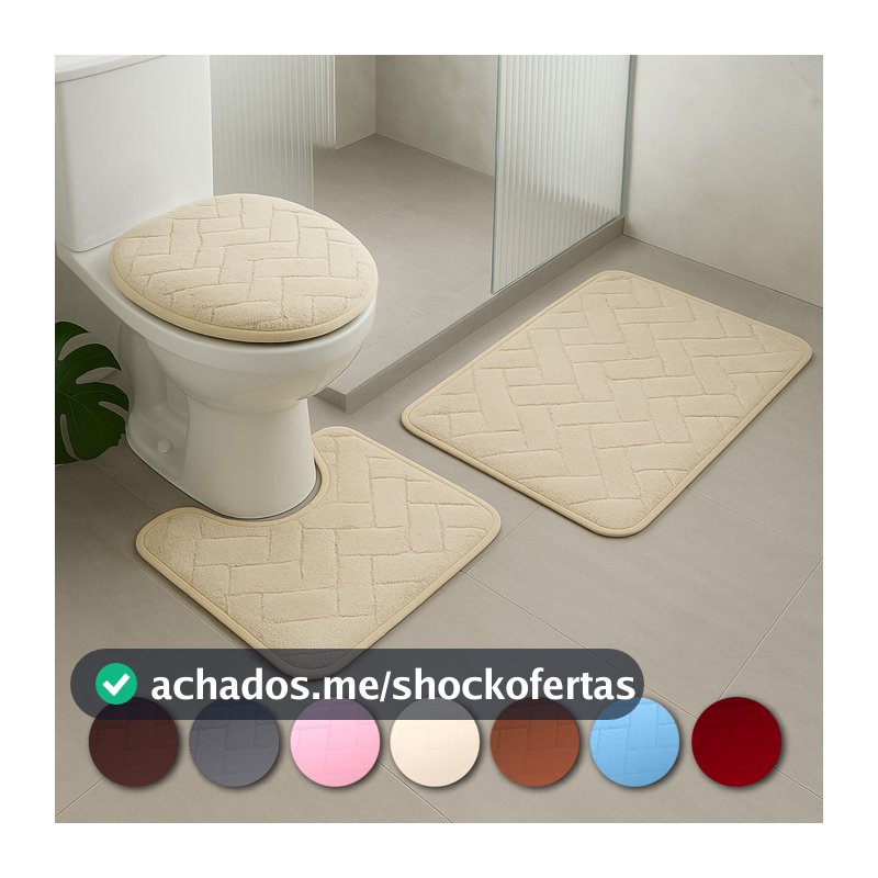 Kit Jogo 3 Peças Tapete Banheiro Premium Estampas Toque Macio Peluciado Antiderrapante Várias Cores