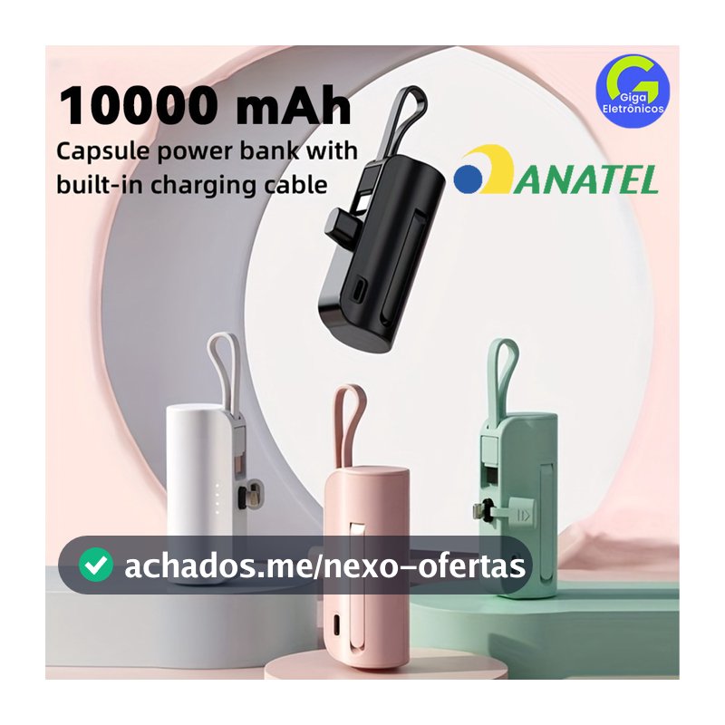 Power Bank Mini 10000mAh para Viagens: Recarga Sem Fio e Cabo (iPhone e Tipo-C) 2em1