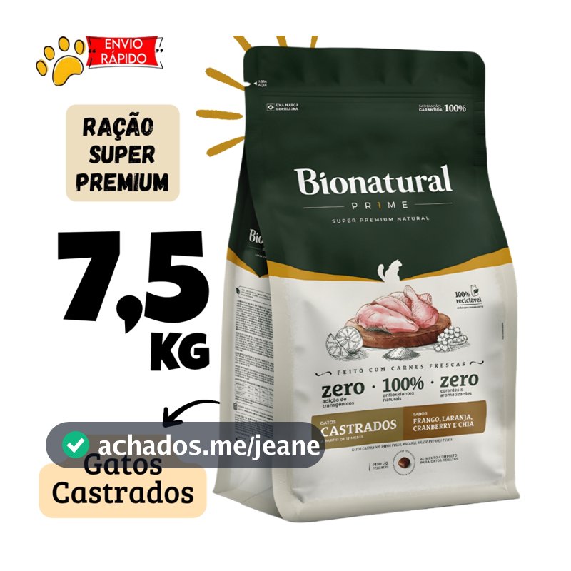 Ração Bionatural Gato Castrado 7,5kg  Super Premium Sabor Frango