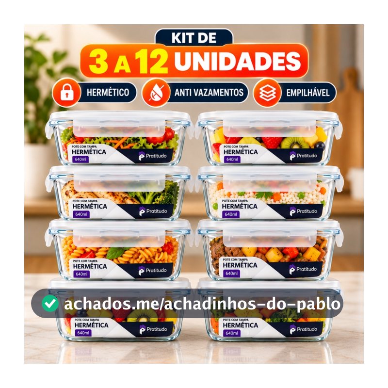 Kit de 3 até 12 Pote de Vidro hermético com tampa antivazamento 370 ml, 640, 1040 ml Marmita Papinha