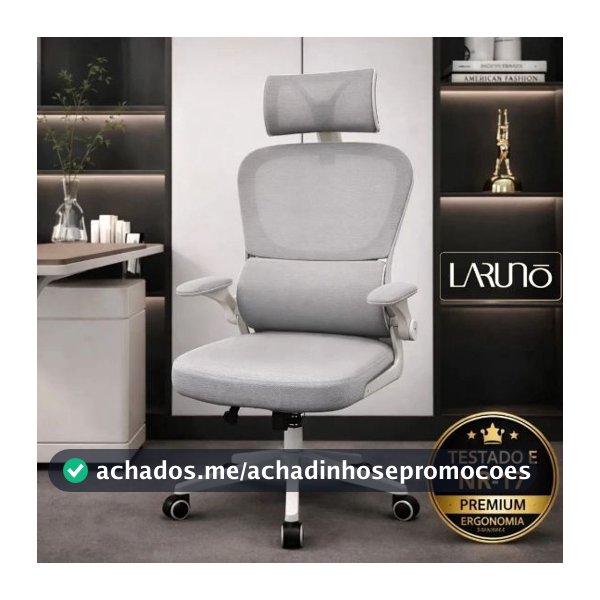 Cadeira de Escritório Ergonômica cinza Giratória com Apoio Lombar e Braços Ajustáveis - LARUNO