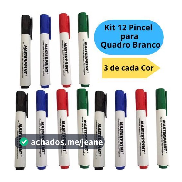 Kit 12 Pincel Quadro Branco Recarregável Nas Cores 3 Azul + 3 Vermelho + 3 Preto + 3 Verde Masteprint