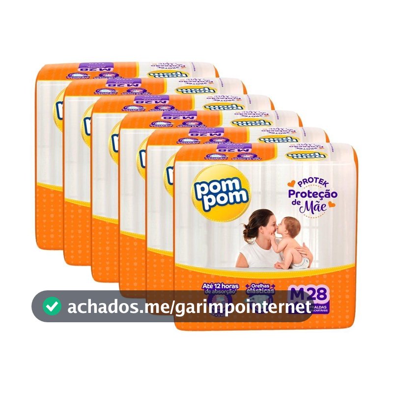 Fralda Descartável Pom Pom Derma Protek Jumbo Tamanho M - 6 Pacotes com 28 Fraldas - Total 168 Tiras