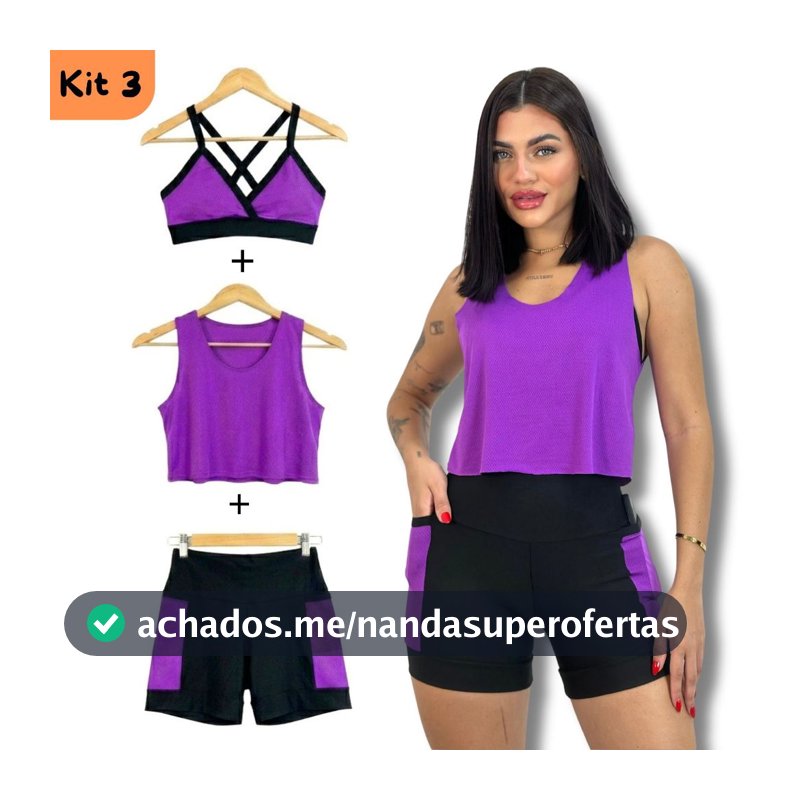 KIT 3 Peças Short com Bolso Top e Blusa Baby Look Dryfit Fitness Conjunto Academia