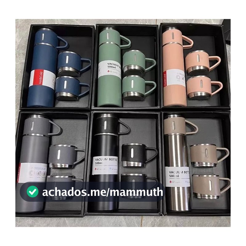 Garrafa Térmica Inox 500ml + 3 Xícaras | Vacuum Flask Portátil Café Chá Viagem Esporte Camping