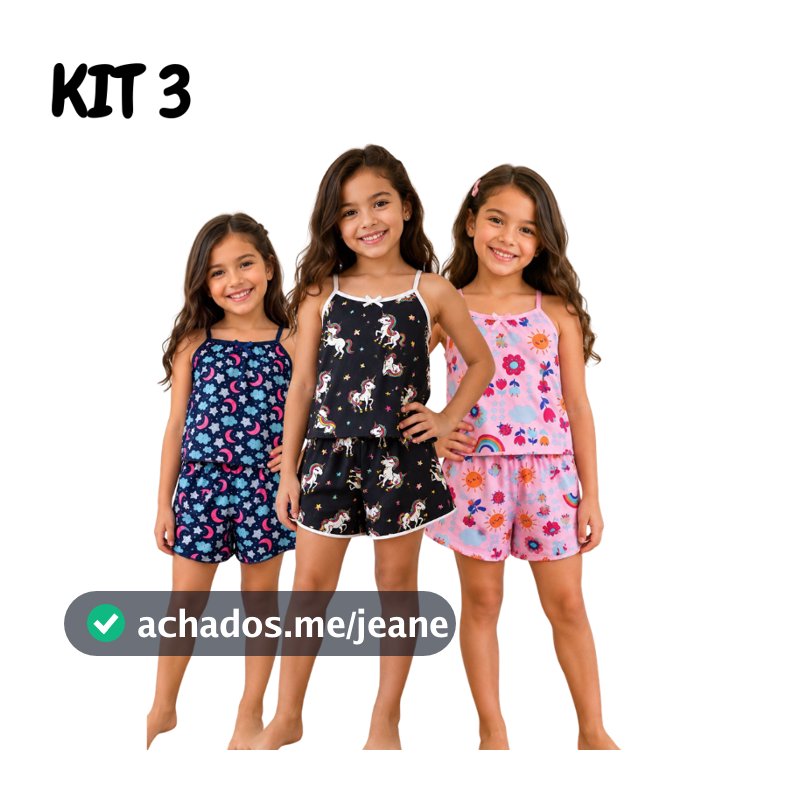 Kit 3 Pijamas Infantil Feminino Microfibra Baby Doll Estampado Confortável