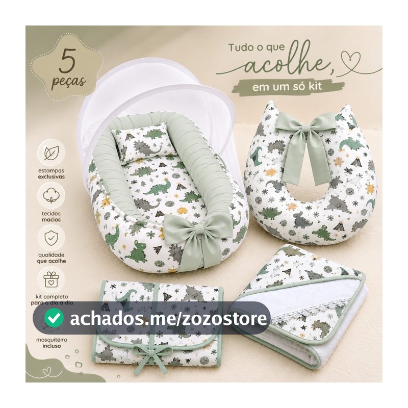 Kit Enxoval Bebê 5 Peças – Ninho Redutor, Almofada Amamentar, Toalha Forrada, Trocador Portátil e Mosquiteiro