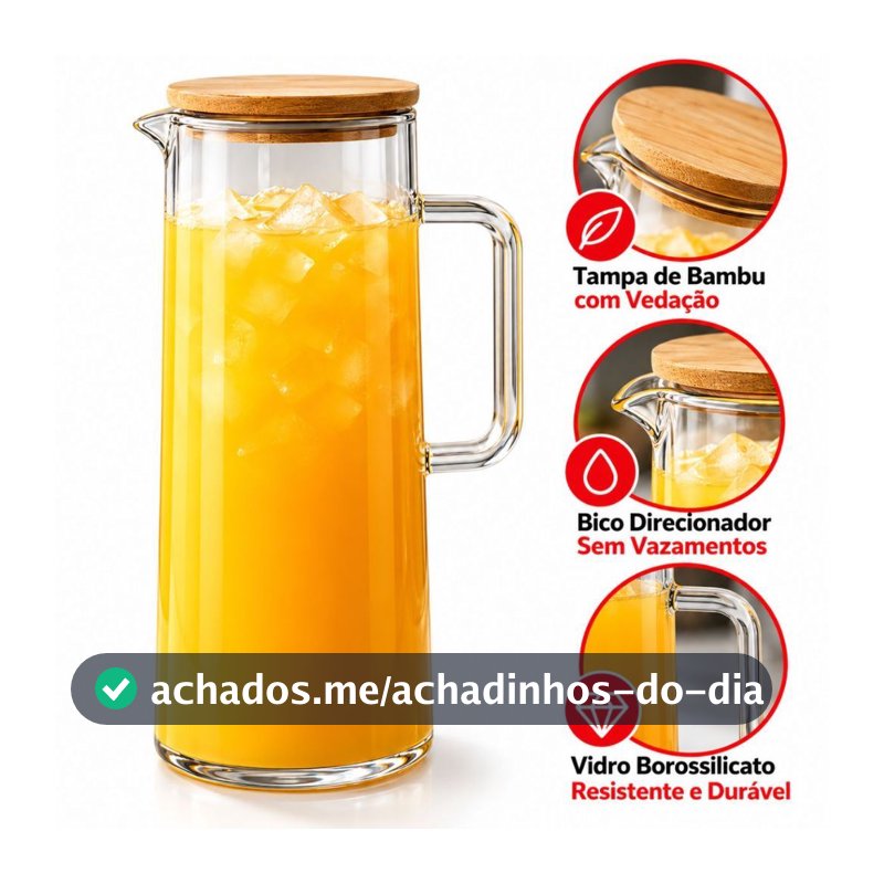 Jarra de Vidro Borossilicato 1 Litro com Tampa de Bambu para Suco Água Chá Gelado 1 ou 2 Unidades