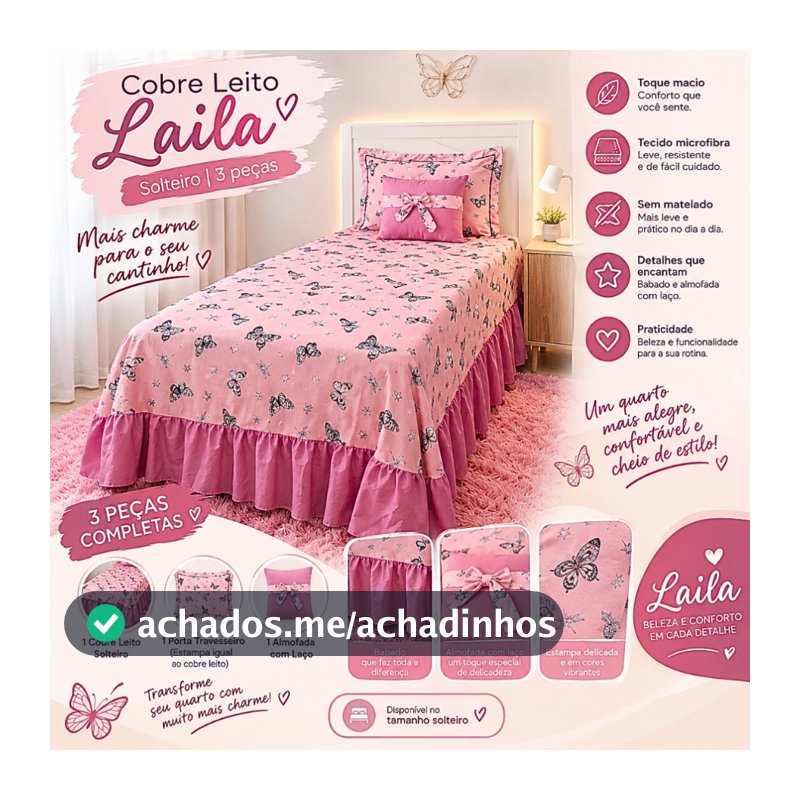Kit Colcha Cobre Leito Borboleta Estampado solteiro Infantil Feminino Rosa 3 Peças Laila