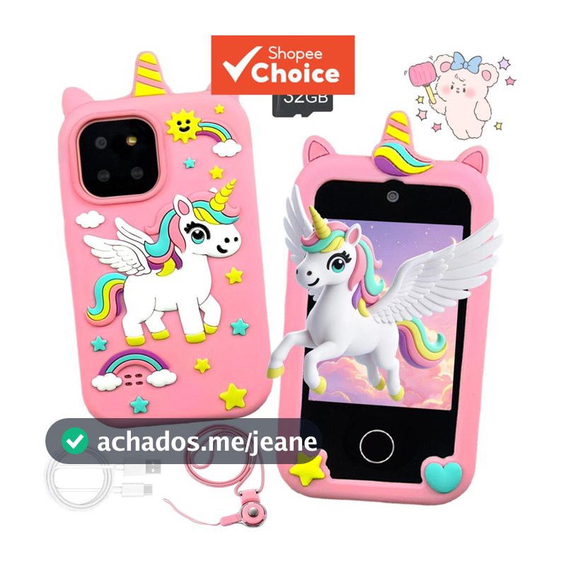 Celular de brinquedo inteligente para crianças, com câmera dupla 32GB, capa de unicórnio, tela sensível ao toque,