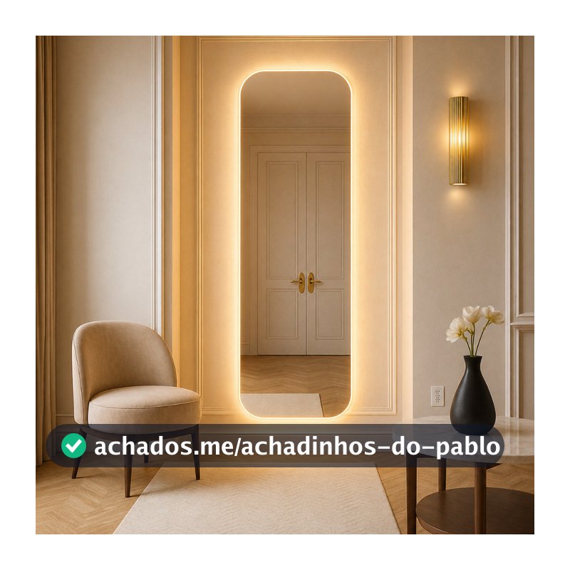 Espelho Corpo Inteiro Retrô 160x55cm com LED Amarelo Retangular Moldura Cantos Arredondados Sala Quarto Closet Escritóri