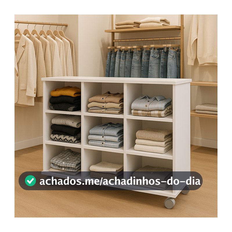 Móvel Expositor para Loja de Roupas 9 Nichos com Rodinhas  Branco Estante organização Closet