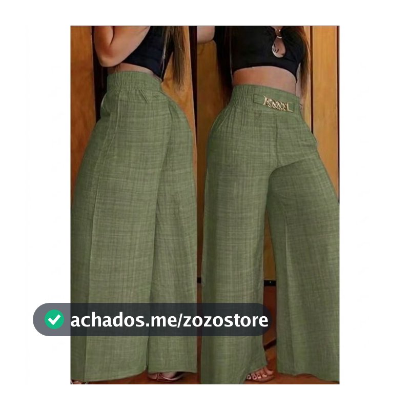 Calça Pantalona De Linho Com Cinto Fake e Cintura Alta e Bolsos