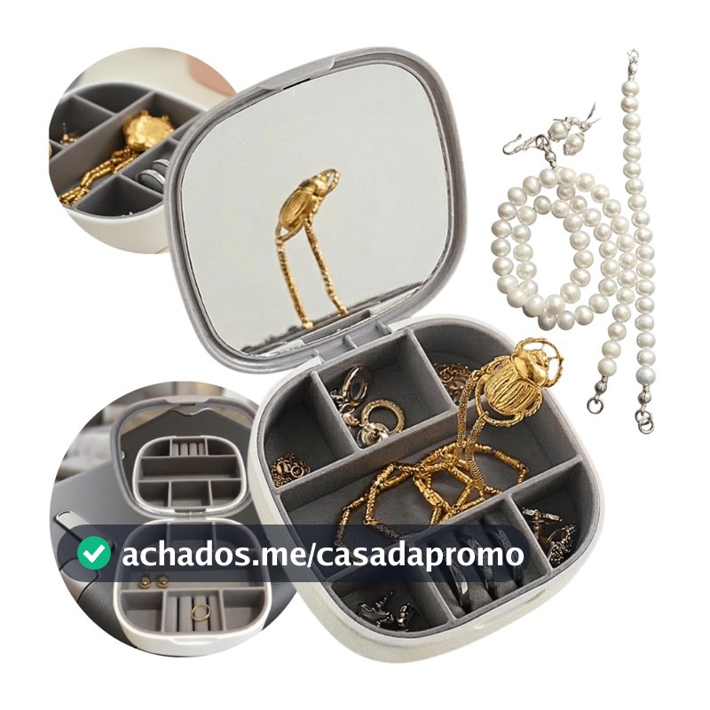 Mini Porta Joias com Espelho Divisórias para Anéis Brincos Pulseiras Organizador Compacto Viagem
