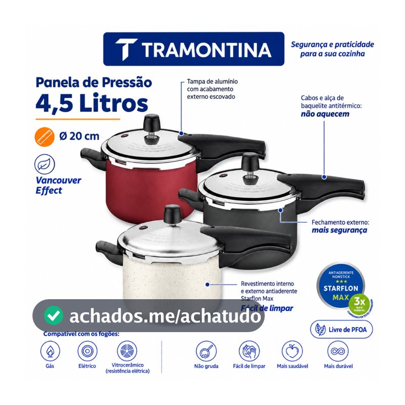 Panela de Pressão Tramontina 4,5  e 6,0 Litros com Fechamento Externo Antiaderente Starflon Max Vancouver
