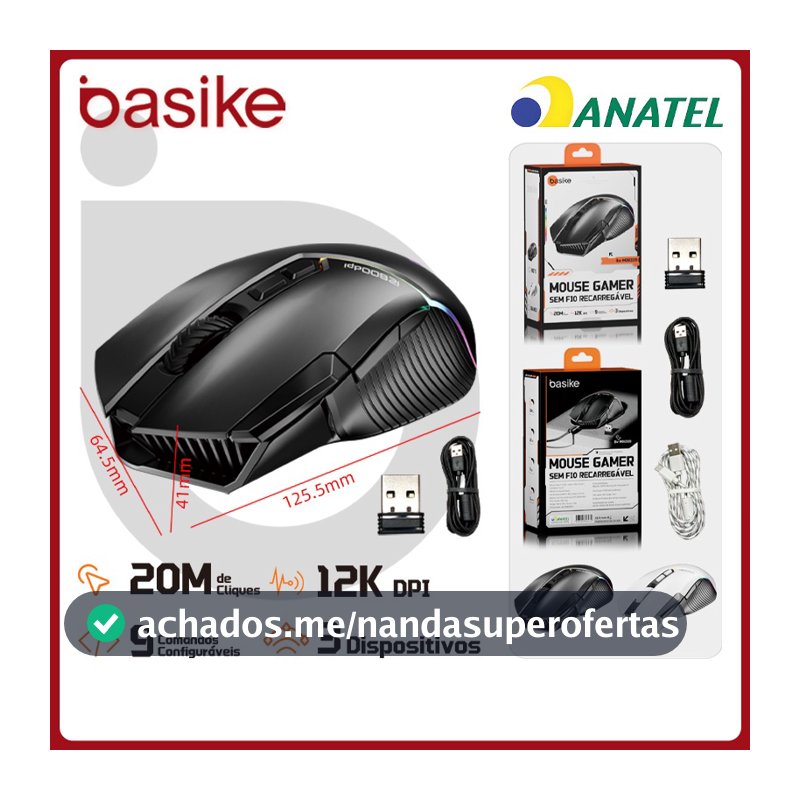Basike Mouse Sem Fio BLuetooth 12000DPI Ajustável 3 Modos，Mouse Gamer Ergonômico RGB para Notebook，PC e Teclado，MOU339