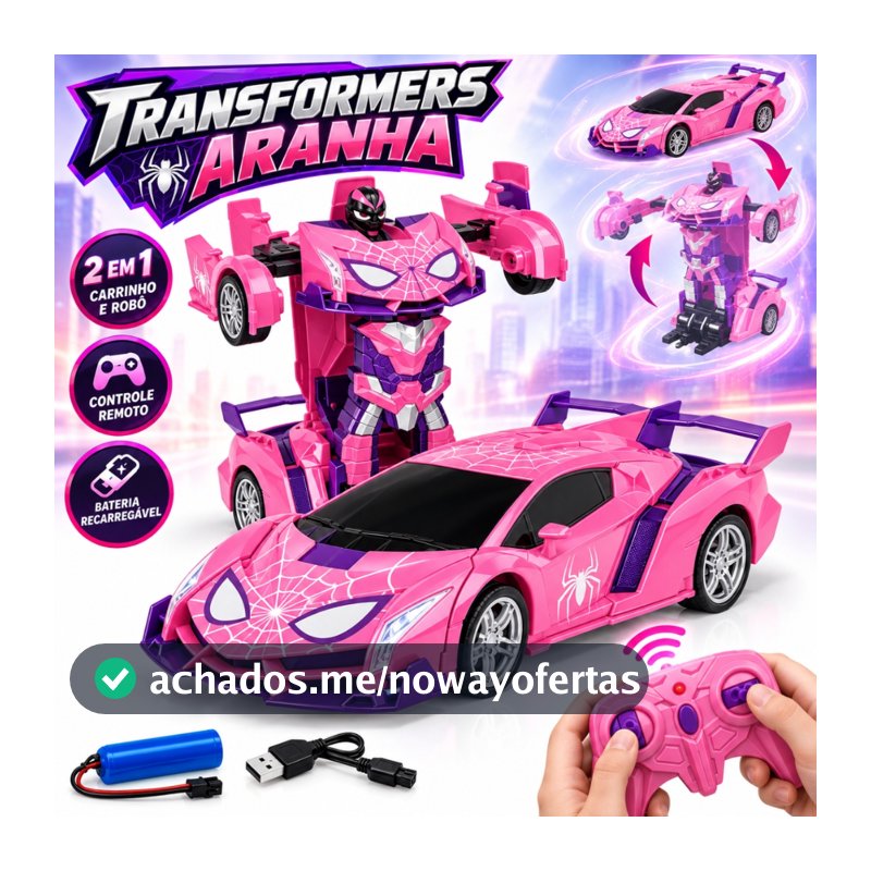 Carrinho de Controle Remoto 2 em 1 Vira Robô Transformável Rosa Bateria Recarregável