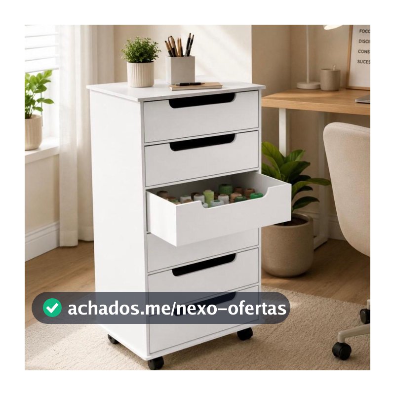 Gaveteiro MDF Branco 6 Gavetas Rodízios Organizador Escritório Home Office Arquivos Documentos Multiuso Compacto