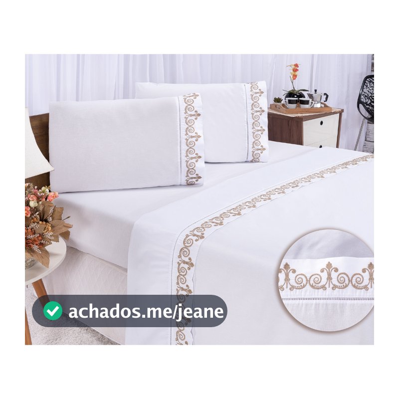 Jogo de Lençol Bordado para Cama Casal Queen Percal 400 Fios Toque de Algodão 4 peças