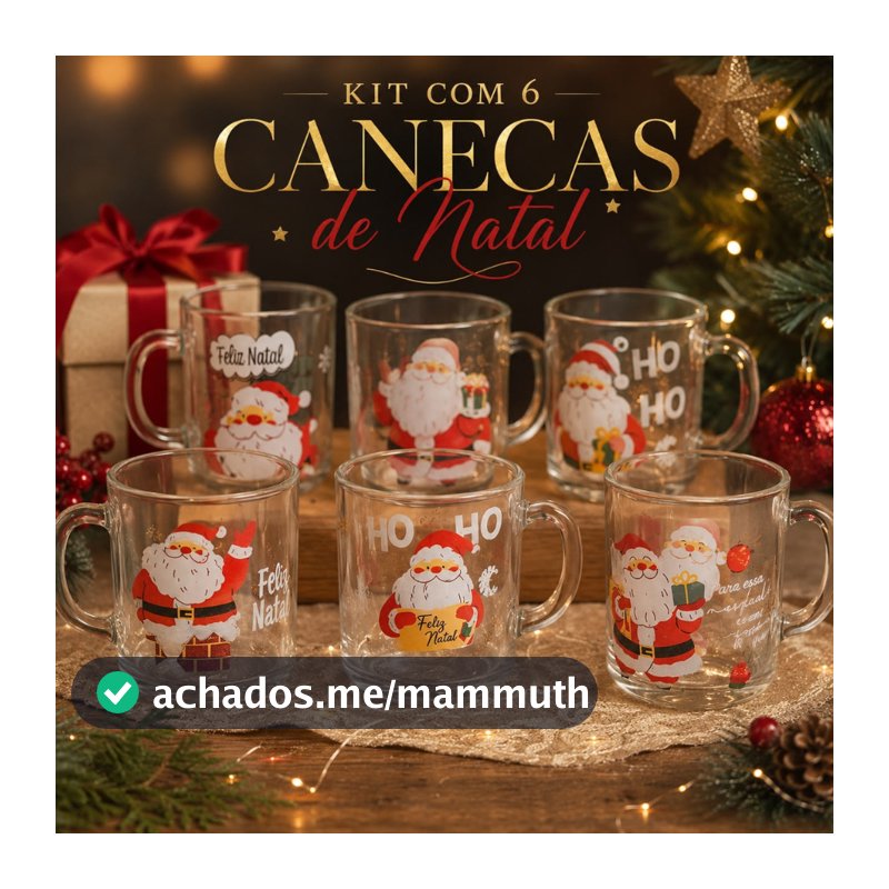Kit 6 Canecas de Vidro Natalinas 250ml Estampadas Feliz Natal Presente de Natal Decoração Papai Noel