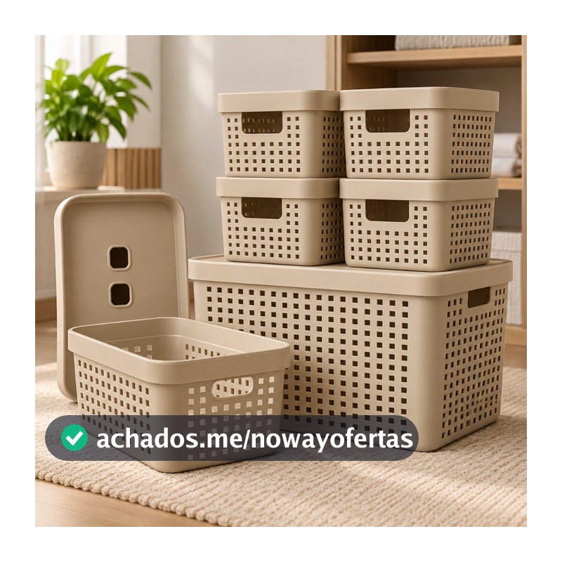 Kit 6 Caixa Organizadora com Tampa 17 L 4,5 L 2 L Cesto Grande em Plástico para Organização
