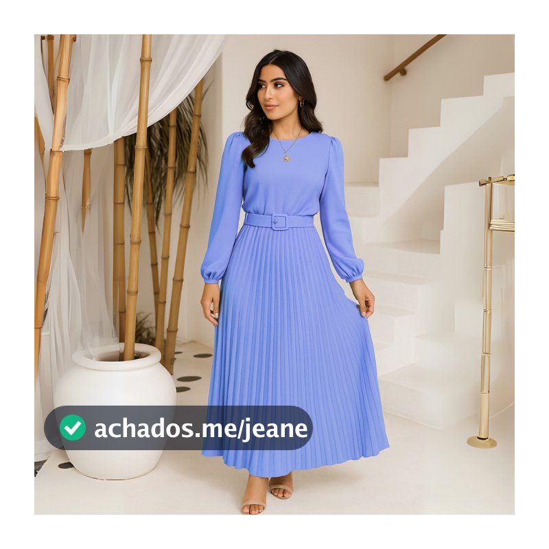 Vestido Longo Forrado Saia Plissada Manga Longa Meia Estação