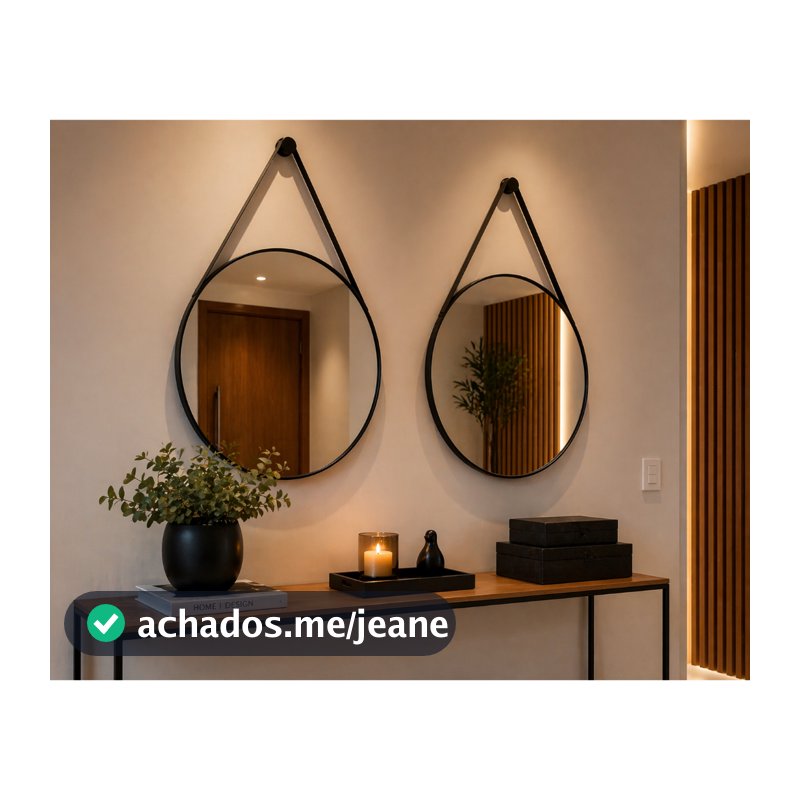 Kit 2 Espelhos Adnet 40cm com Alça de Couro Preto e Caramelo Para Sala Quarto Banheiro