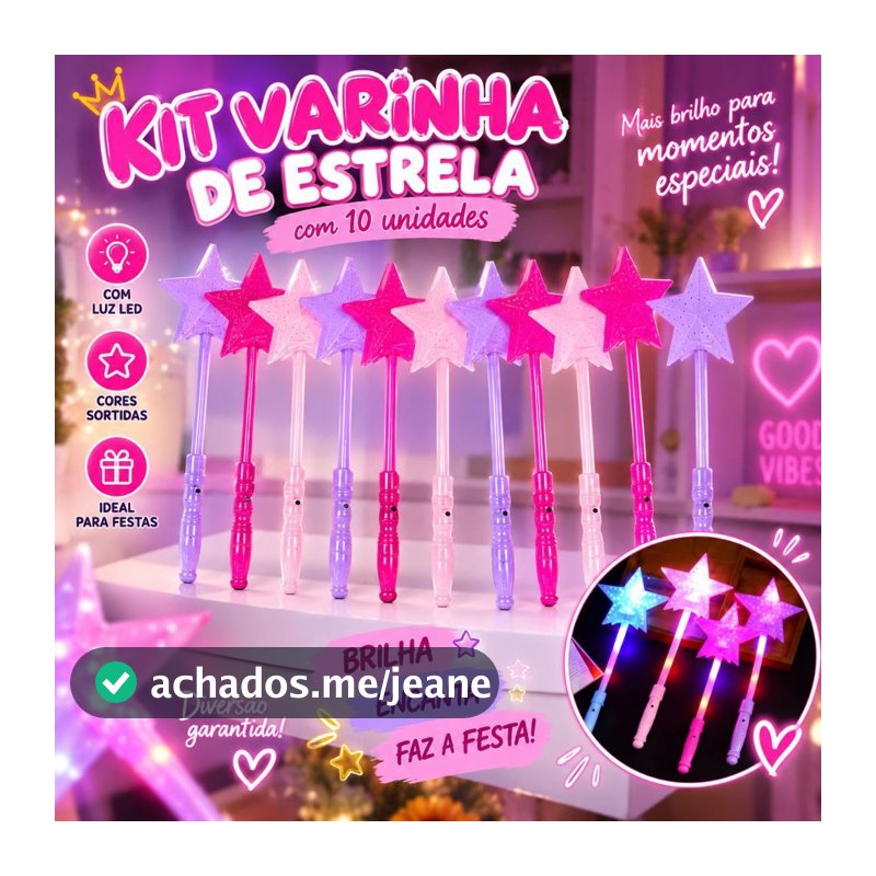 Kit 10 Varinhas Mágicas de Estrela com Luz LED Colorida Infantil para Festa Lembrancinha Presente