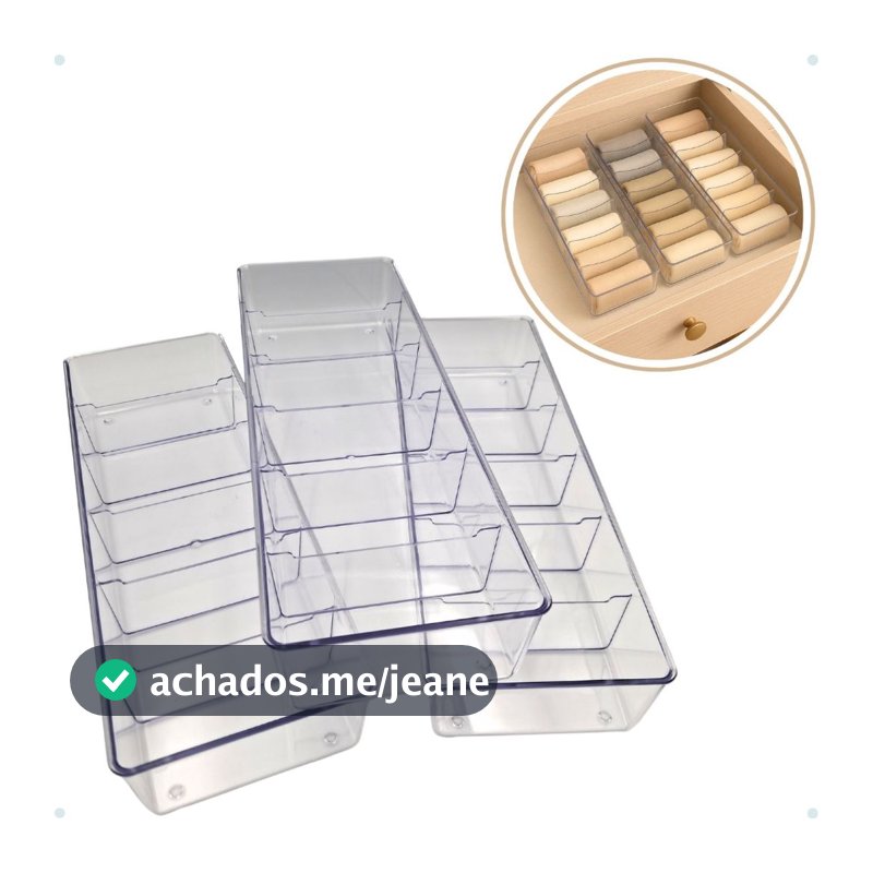 Kit 3 Organizadores de Gaveta com 6 Divisórias – Acrílico Multiuso para Roupas e Acessórios