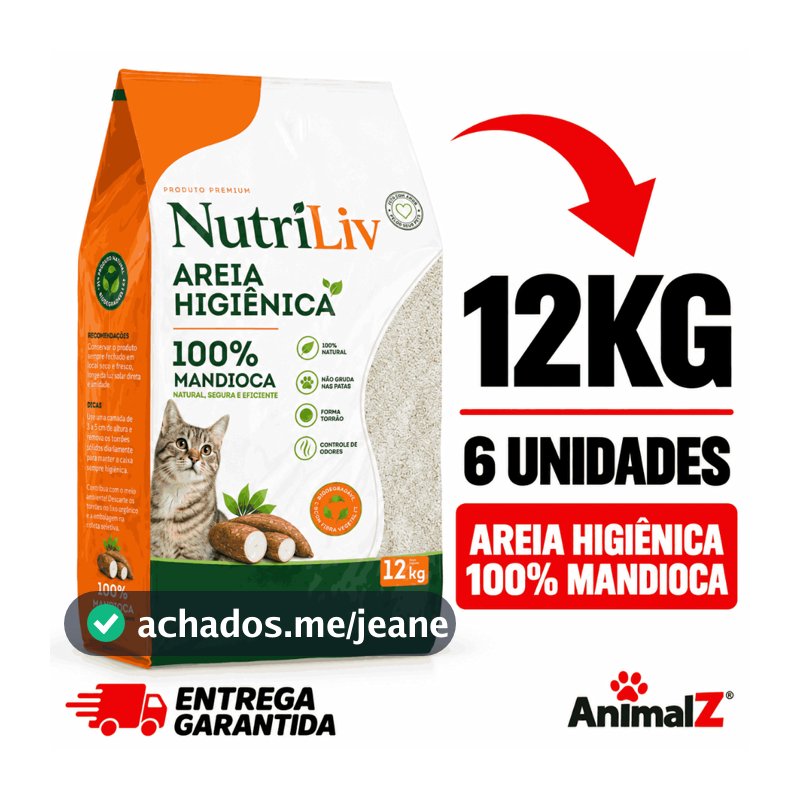Areia Higiênica Biodegradável Nutriliv 12Kg (6 pacotes de 2 kg) -100% Mandioca  - Grãos Finos - novo