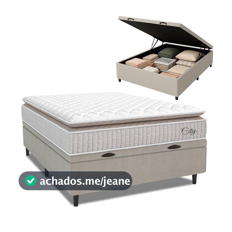 Cama Box Baú Colchão Casal Molas Ensacadas City Pillow Top 138x188x64cm Branco / Bege Hellen