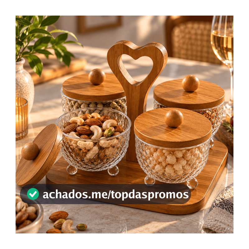 Petisqueira 4 Potes de Vidro com Tampa de Bambu e Bandeja Organizadora