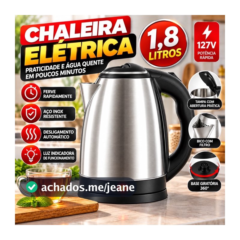 Chaleira Elétrica Inox 1,8L Atacama Térmica com Tampa Aquecimento Rápido
