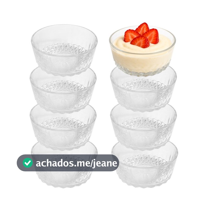 Jogo 8 Bowl de Vidro Pote para Sobremesa Clear Diamantino 260ml Em Casa Tem