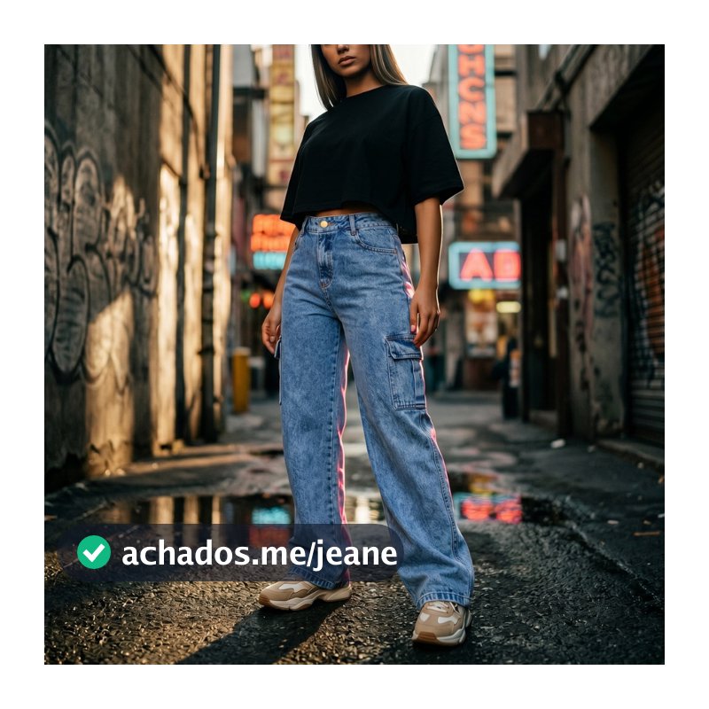 Calça Jeans Wide Leg Cargo Feminina Cintura Alta Premium