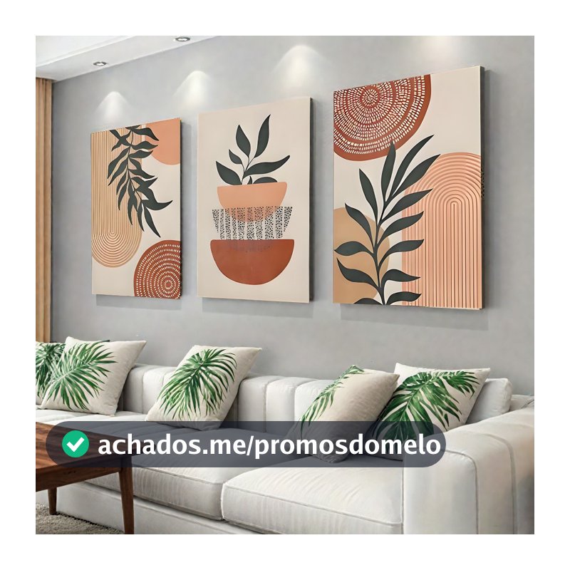 Kit 3 Quadros Decorativos Quarto e Sala 40x60 Planta Tropical - Linhas Geométricas Folhas Moderno