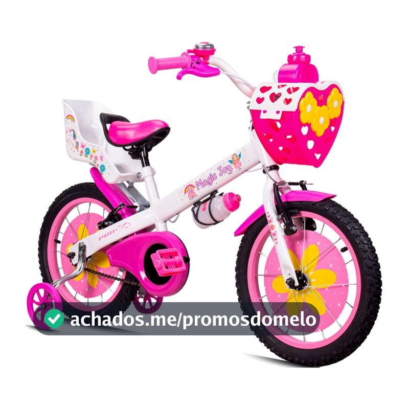 Bicicleta Infantil Aro 16 Menina 4, 5 Anos Magic Joy Cestinho e Cadeirinha de Boneca Coração Rodinha