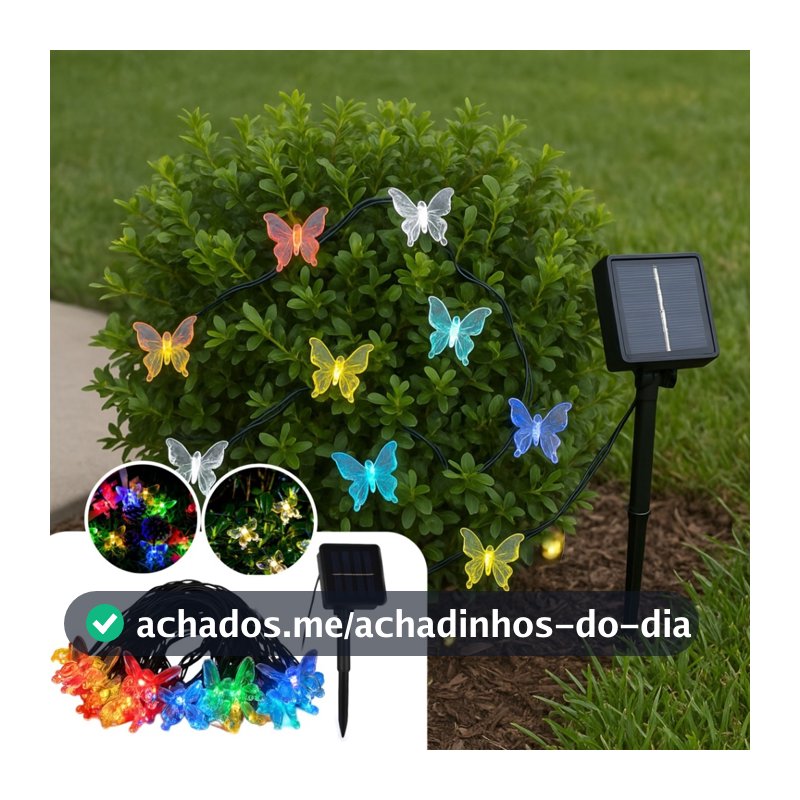 Pisca Natal Solar Led 20 Borboletas Rgb Jardim 5 Metros Colorido Enfeite A Prova d`água