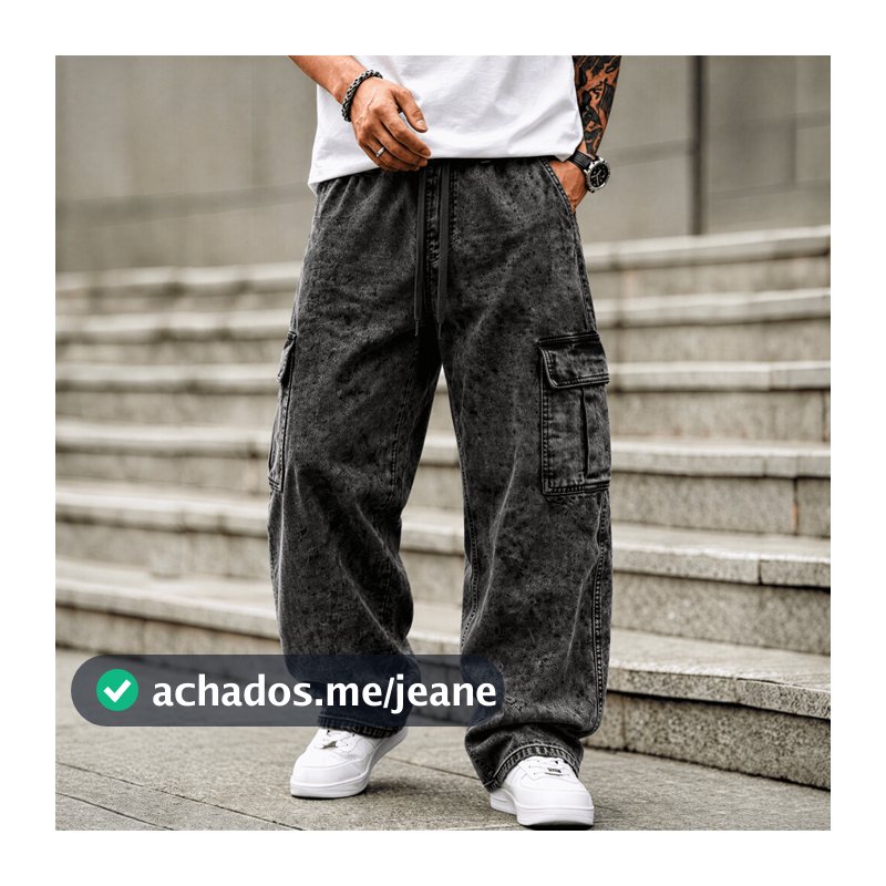 Calça Cargo Jeans Masculina Streetwear Baggy Wide Leg Oversized Moda Urbana Skatista Premium Confortável Casual