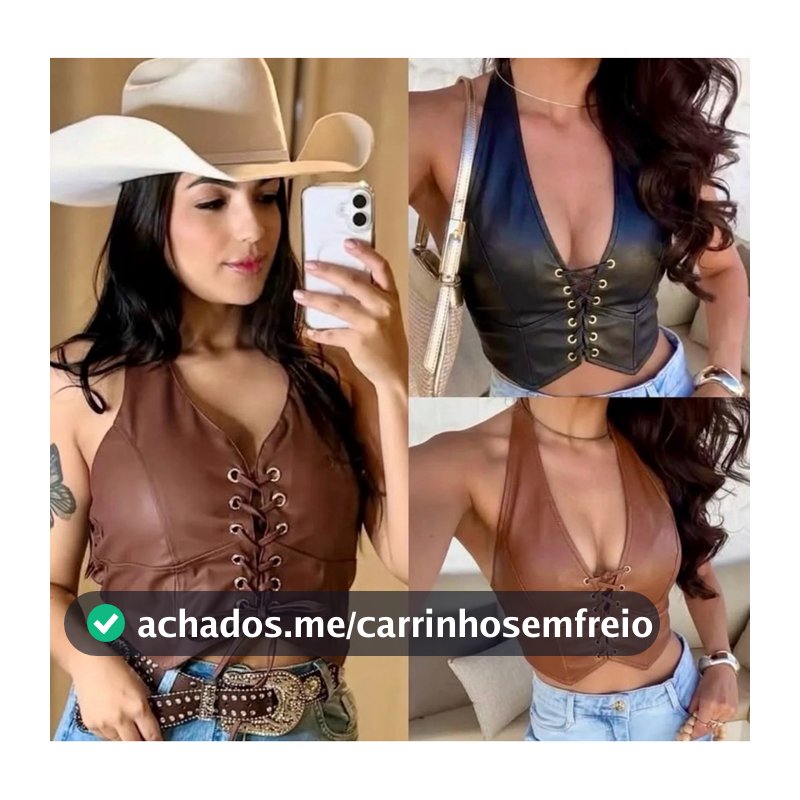 Cropped Feminino Courino Amarração Frontal Com Bojo | Top Halter Neck Couro Fake Ajustável com Ilhós Inverno 2026