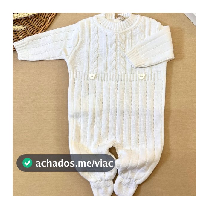 Macacão de Bebê Trançado RoupaTricot Ursinho Saída Maternidade Branco Recém Nascido Menina Menino