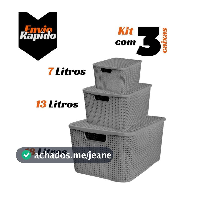 kit 3 X Caixas Organizadora Rattan 7 13 18 Litros Cesto Organizador Multiuso Plástico Empilhável Com Tampa Decoração