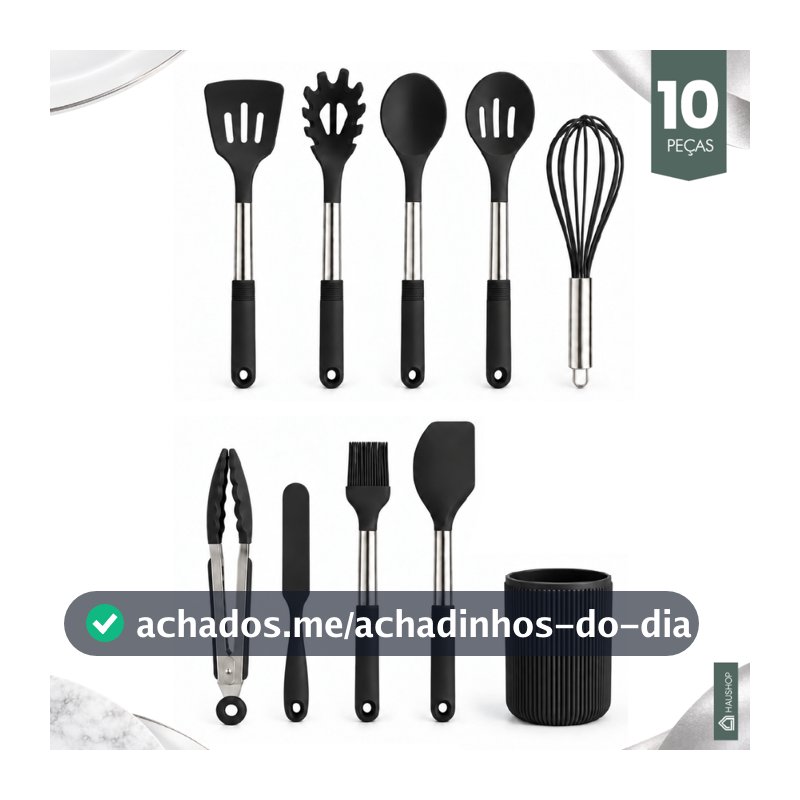 Kit Utensílios Cozinha 10 Peças Silicone Cabo Inox Grande Premium com Suporte: Não Enferruja Resistente Haushop Completo